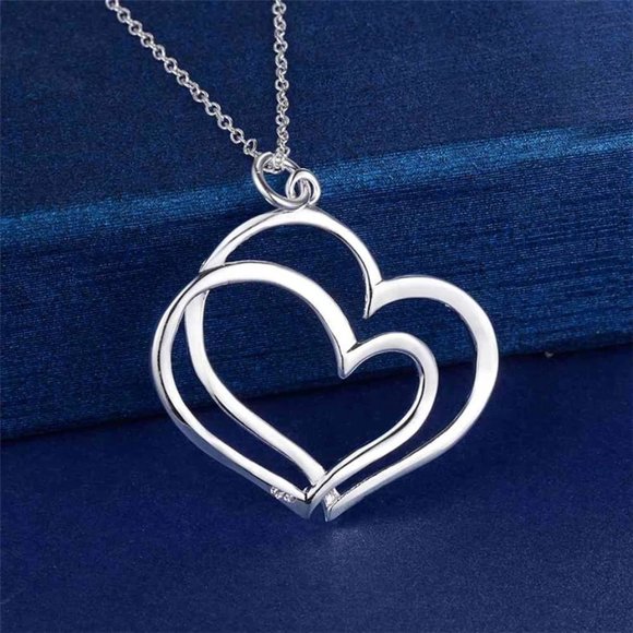 Beautiful 4 Pc Double Heart Pendant, Earrings, &18" Chain Sterling Silver - Picture 2 of 5